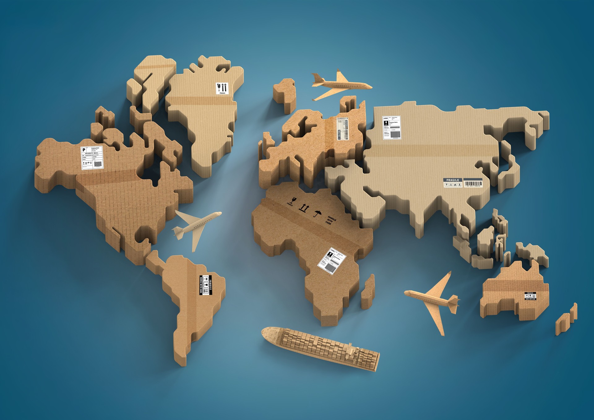 Carton world map. Global logistics, shipping and worldwide delivery business, 3d illustration concept